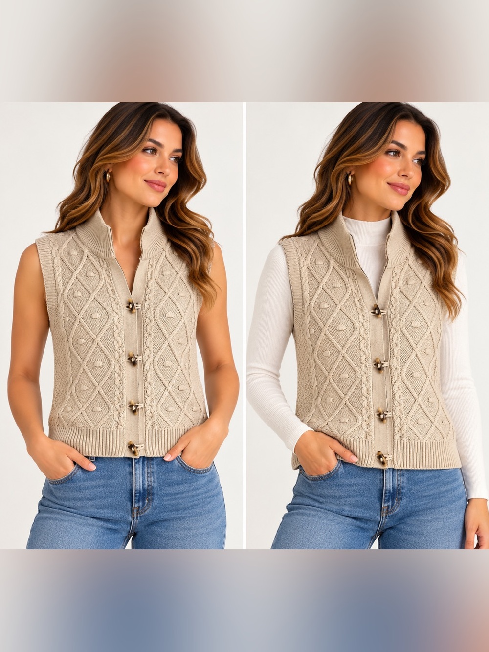 ICHI Waistcoat Cable Knit Vest in Cream Medium